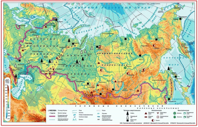  Карта Россия физическая средней школы глянцевое 1-стороннее ламинирование